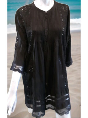 JOHNNY WAS-Vintage-Black Embroidered Eyelet Tucked Button Front Tunic/Mini-MED